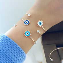 Gold Open Bangle Evil Eye Bracelet - A Sunny Talisman for the Perfect Birthday Gift