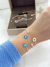 Gold Open Bangle Evil Eye Bracelet - A Sunny Talisman for the Perfect Birthday Gift