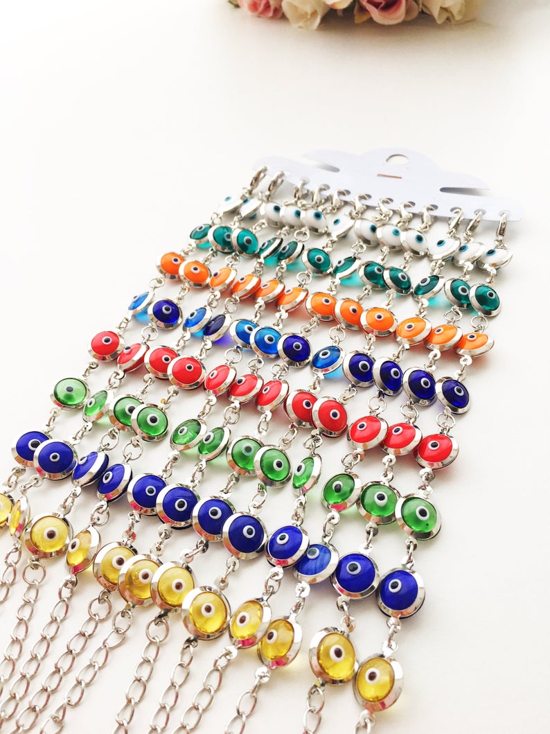 Rainbow Evil Eye Glass Bead Bracelet