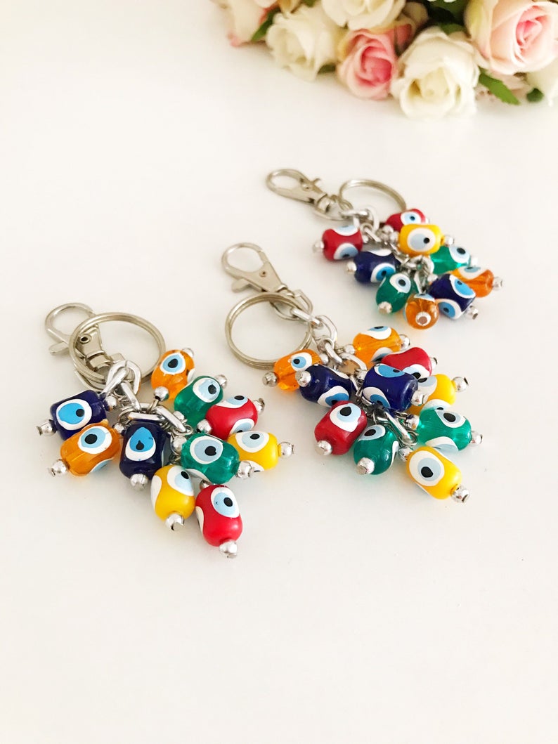 HOT HUIKKXWIOGHO 556] Rainbow Pearl Heart Evil Eye Couple Keychain