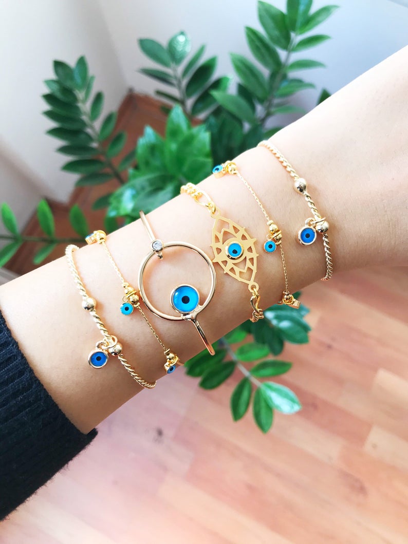 Blue Evil Eye Bracelet Handmade Cuff Bracelet Gold Bangle 