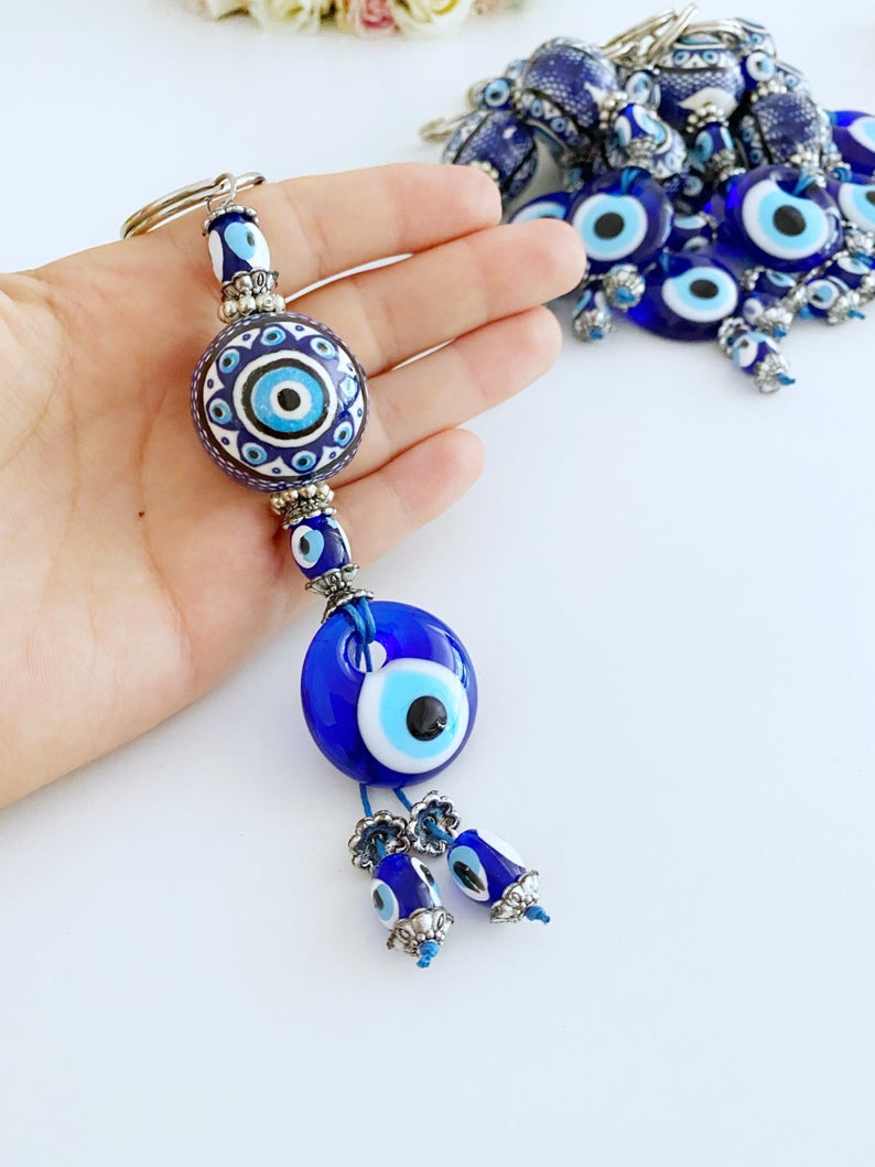 FADBBW Evil Eye Keychain – Blue Glass Lucky Charm With Four-Leaf Clover For Bags, Keys, Protection