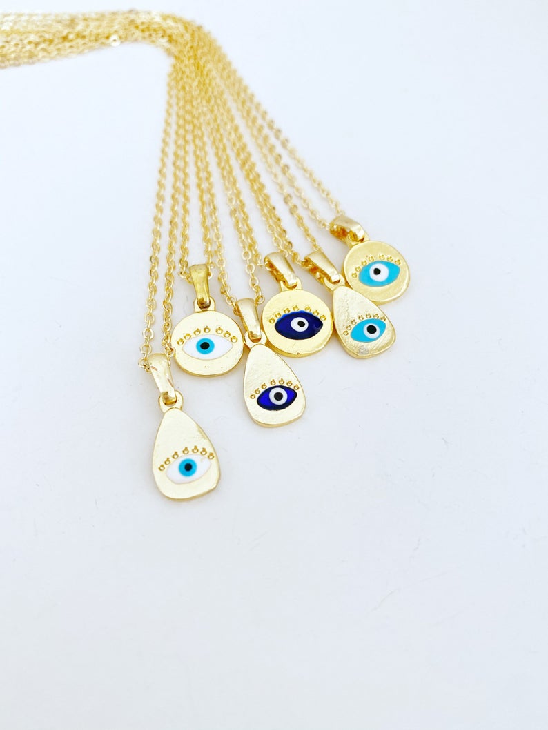 Gold Evil Eye Necklace, Tiny Evil Eye Bead, Teardrop Charm