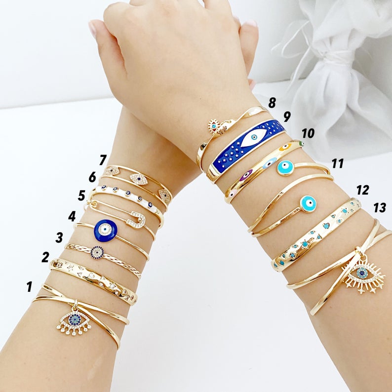 Evil Eye Bracelet, Cuff Bracelet, Evil Eye Jewelry, Gold Bracelet, Turkish Evil Eye Left Set (1-7)