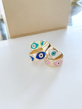 Evil Eye Band Ring, Gold Wide Band Ring, Evil Eye Ring, Protection Ring, Blue Pink
