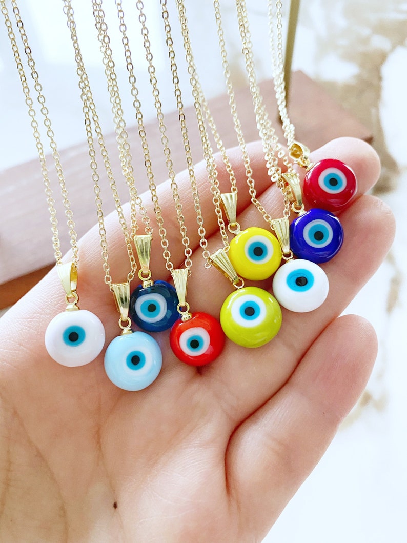 Evil Eye Necklace, Handmade Murano Glass Beads, 10mm Murano Pendant Gold Necklace Blue