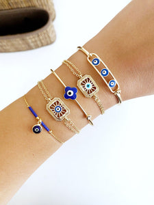 Blue Greek Evil Eye Bracelet, Gold Adjustable Bracelet , Clover Sun Charm Jewelry