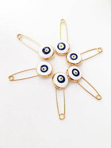 5 pcs evil eye safety pin, white lucky evil eye pin, protection for baby, gold plated evil eye pins - Evileyefavor