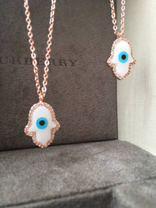 Hamsa necklace, evil eye bracelet, rose gold hamsa hand necklace, mother of pearl - Evileyefavor