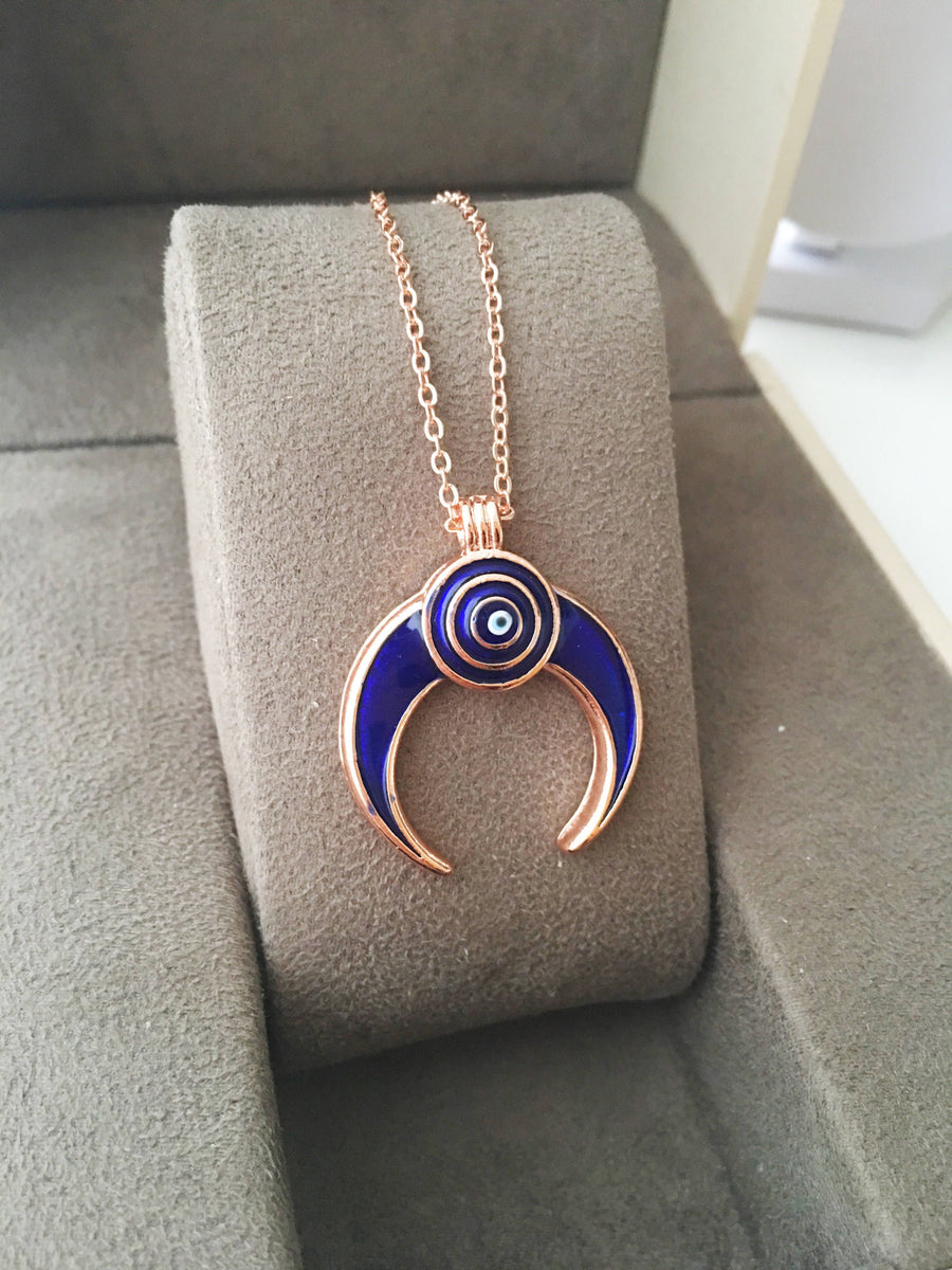 Double horn necklace, evil eye necklace, crescent moon necklace