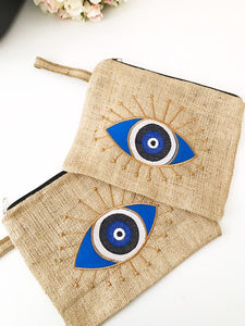 Evil eye bag, jute bag, evil eye clutch bag,