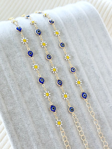 Gold Daisy Flower Bracelet with Evil Eye, Gold Link Chain Bracelet