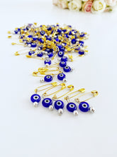 Gold Evil Eye Safety Pins, 50 pcs, Blue Glass Evil eye, Bulk Favor