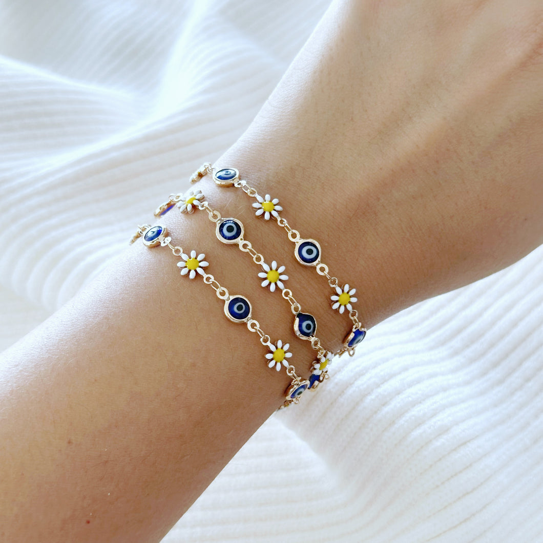 Gold Daisy Flower Bracelet with Evil Eye, Gold Link Chain Bracelet