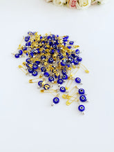 Gold Evil Eye Safety Pins, 50 pcs, Blue Glass Evil eye, Bulk Favor