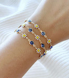 Gold Daisy Flower Bracelet with Evil Eye, Gold Link Chain Bracelet