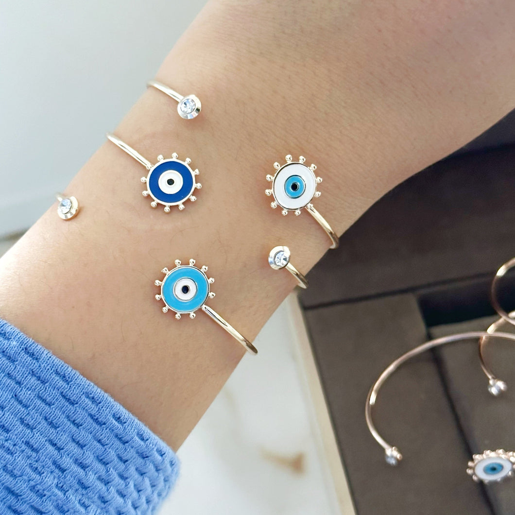 Gold Open Bangle Evil Eye Bracelet - A Sunny Talisman for the Perfect Birthday Gift