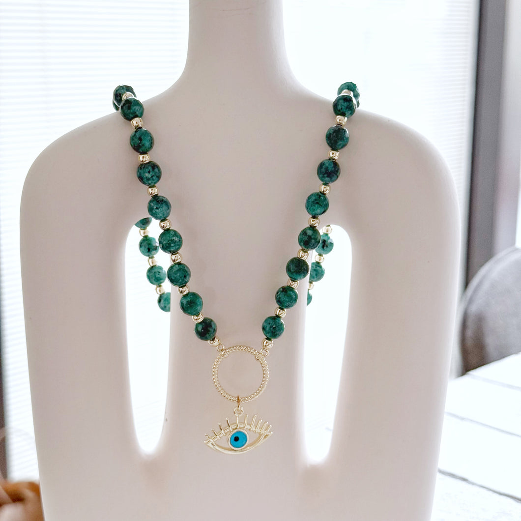 African Turquoise Beaded Necklace, Gold Evil Eye Necklace