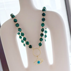 African Turquoise Beaded Necklace, Gold Evil Eye Necklace