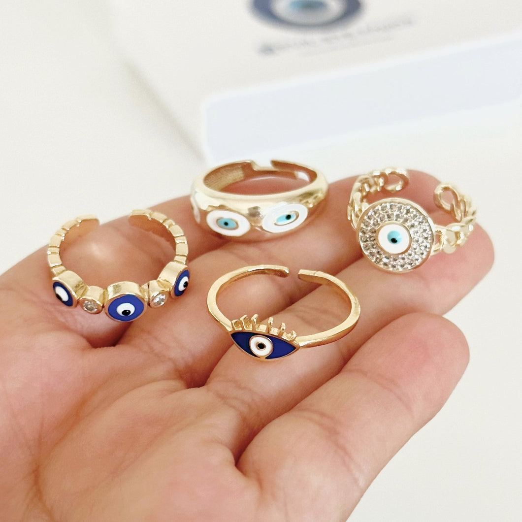 Gold Evil Eye Ring, Adjustable Stackable Ring, Blue Evil Eye Jewelry