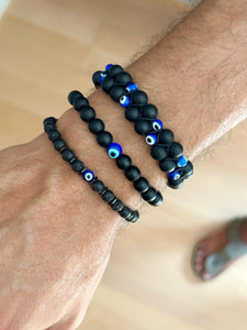 Adjustable Evil Eye Bracelet for Men with Natural Stone Onyx Beads, Anxiety Relief Onyx