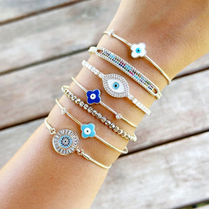 Silver Evil Eye Cuff Bracelet, Adjustable Greek Jewelry for Women