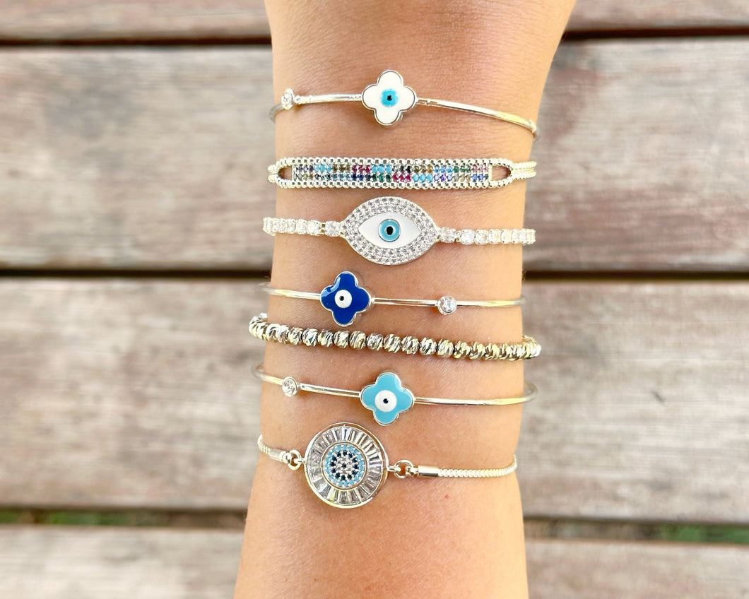 Silver Evil Eye Cuff Bracelet, Adjustable Greek Jewelry for Women