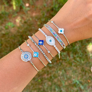 Silver Evil Eye Cuff Bracelet, Adjustable Greek Jewelry for Women