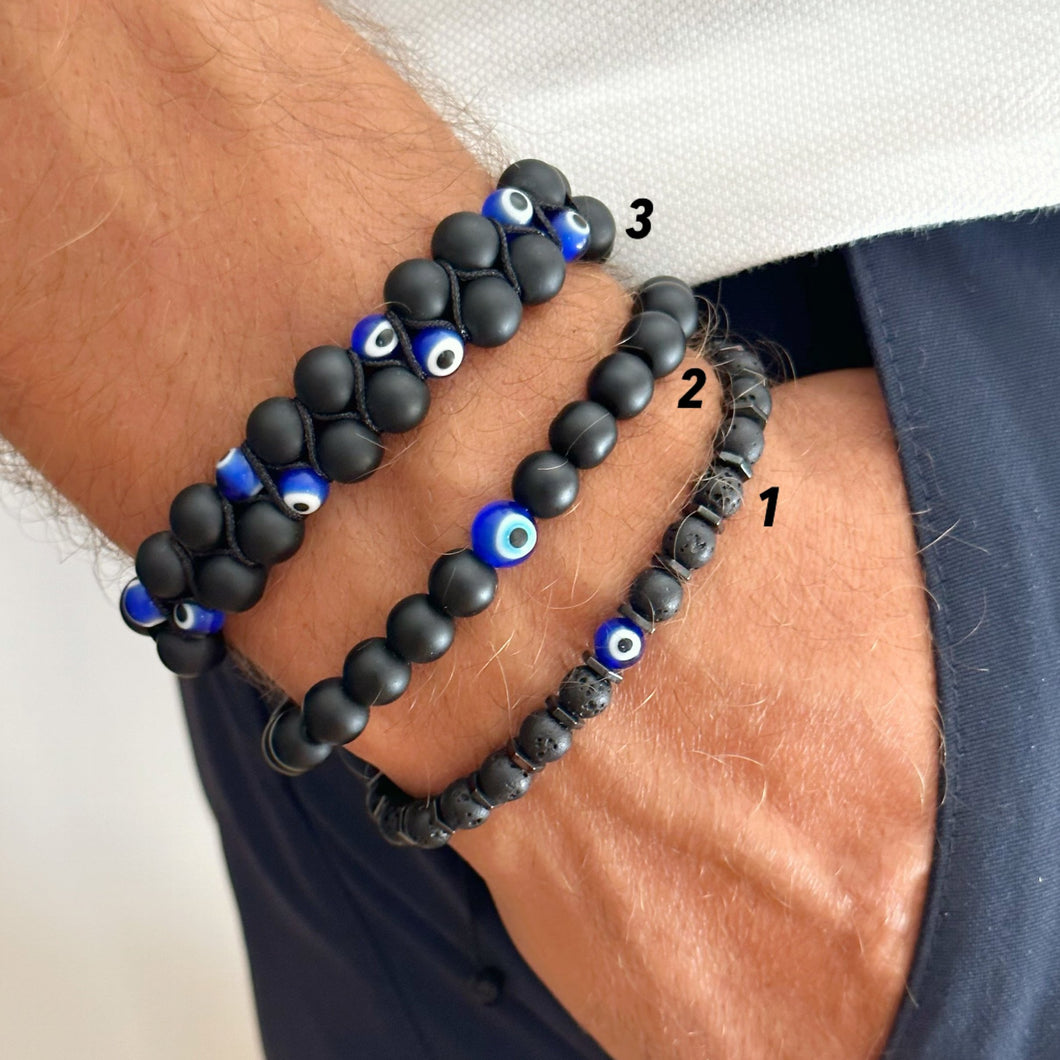 Adjustable Evil Eye Bracelet for Men with Natural Stone Onyx Beads, Anxiety Relief Onyx