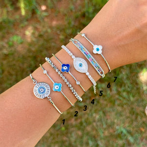 Silver Evil Eye Cuff Bracelet, Adjustable Greek Jewelry for Women