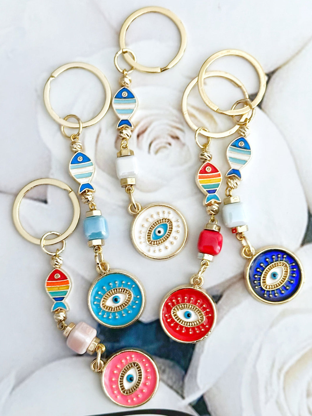 Evil Eye Keychain, Good Luck Charm Fish, Gold Evil Eye Keyring