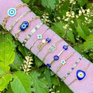 Blue Evil Eye Bracelet, Gold Cuff Bracelet, Greek Evil Eye Jewelry Gift for Her - Evileyefavor