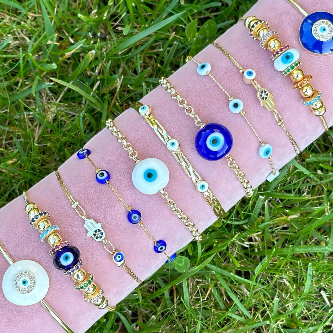 Gold Cuff Bracelet with Blue Evil Eye Bead, Evil Eye Bracelet, Gift for Her Jewelry