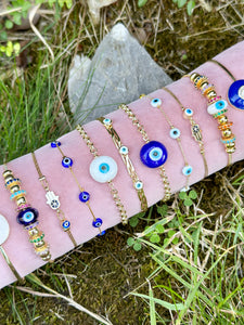 Gold Cuff Bracelet with Blue Evil Eye Bead, Evil Eye Bracelet, Gift for Her Jewelry