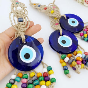 Evil Eye Wall Hanging, Blue Glass Evil Eye Bead, Wood Beads