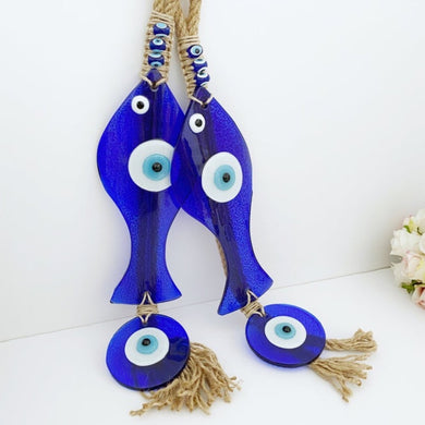 Lucky Evil Eye Wall Hanging, Blue Fish Evil Eye Bead, Handmade Glass Home Decor