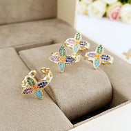 Gold Daisy Ring, Clover Ring, Rainbow Zircon Ring