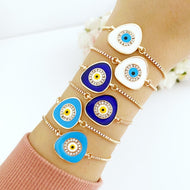 Evil Eye Bracelet, Blue Evil Eye Charm, Adjustable Bracelet, Gold Rose Bracelet