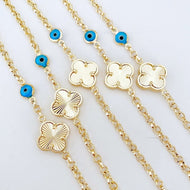 Gold Clover Bracelet, Blue Evil Eye Bead, Lucky Clover Charm, Good Luck - Evileyefavor