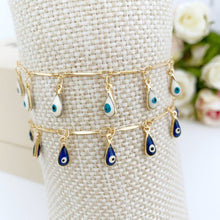 Evil Eye Bracelet, Teardrop Evil Eye Beads, Gold Chain Bracelet, Blue White Eye