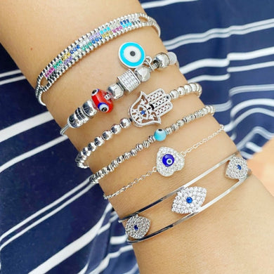 Silver Evil Eye Bracelet, Evil Eye Cuff Bracelet, Greek Evil Eye Jewelry