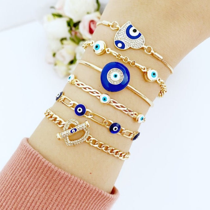 Gold Evil Eye Bracelet, Blue Evil Eye Bracelet, Cuff Bracelet, Chain Bracelet