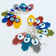 Leather Hamsa Hand Keychain, White Blue Evil Eye Beads, Lucky Keychain