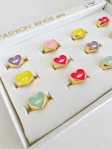 Evil Eye Signet Ring, Colorful Heart Ring, Evil Eye Charm Ring, Gold Plated Ring
