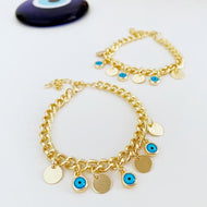 Gold Evil Eye Bracelet, Gold Link Chain Bracelet, Mini gold disc charm