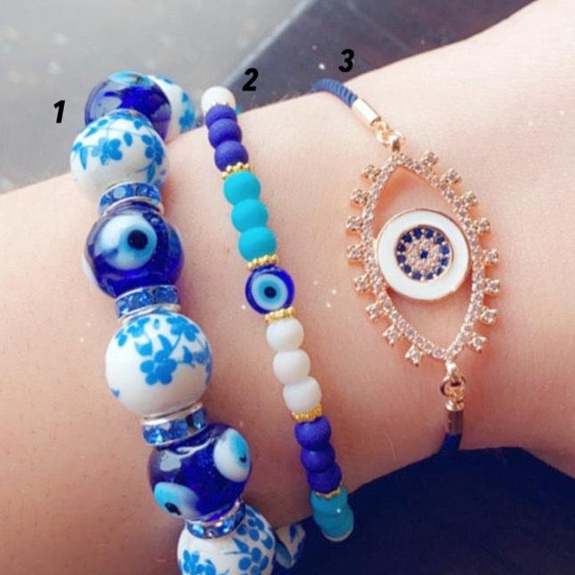 Blue Evil Eye Bracelet, Summer Evil Eye Jewelry, Glass Evil Eye Beaded Bracelet