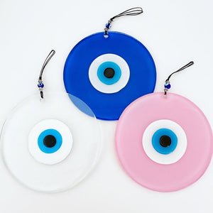 Glass Evil Eye Bead, Handmade Evil Eye Wall Hanging, Evil Eye Home Decor, Pink Clear Blue