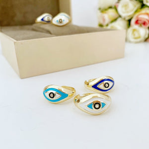 Evil Eye Ring, Adjustable Gold Ring, Blue White Evil Eye Ring, Oval Evil Eye Ring
