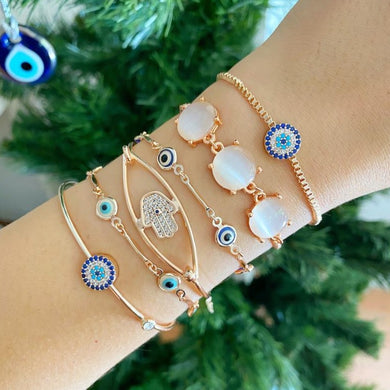 Rose Gold Bracelet Set, Evil Eye Bracelet, Blue Evil Eye, Hamsa Hand Bracelet