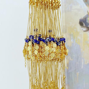 Blue Evil Eye Bead Bracelet, Gold Link Chain Bracelet, Murano Bead